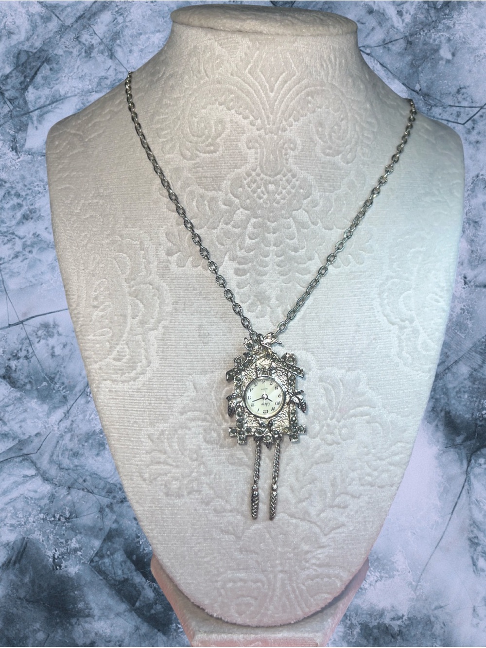 VTG Silver-Tone Marcasite German Cuckoo Clock Pendant Watch Necklace  Works